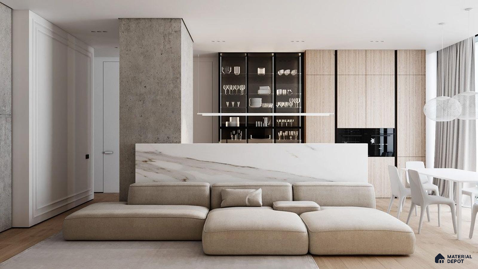 a kitchen with marble counter tops and stainless steel appliances on the wall, along with hanging lights hanging from the ceiling over the ceiling over the wall next to an island in front of a wooden floor and white